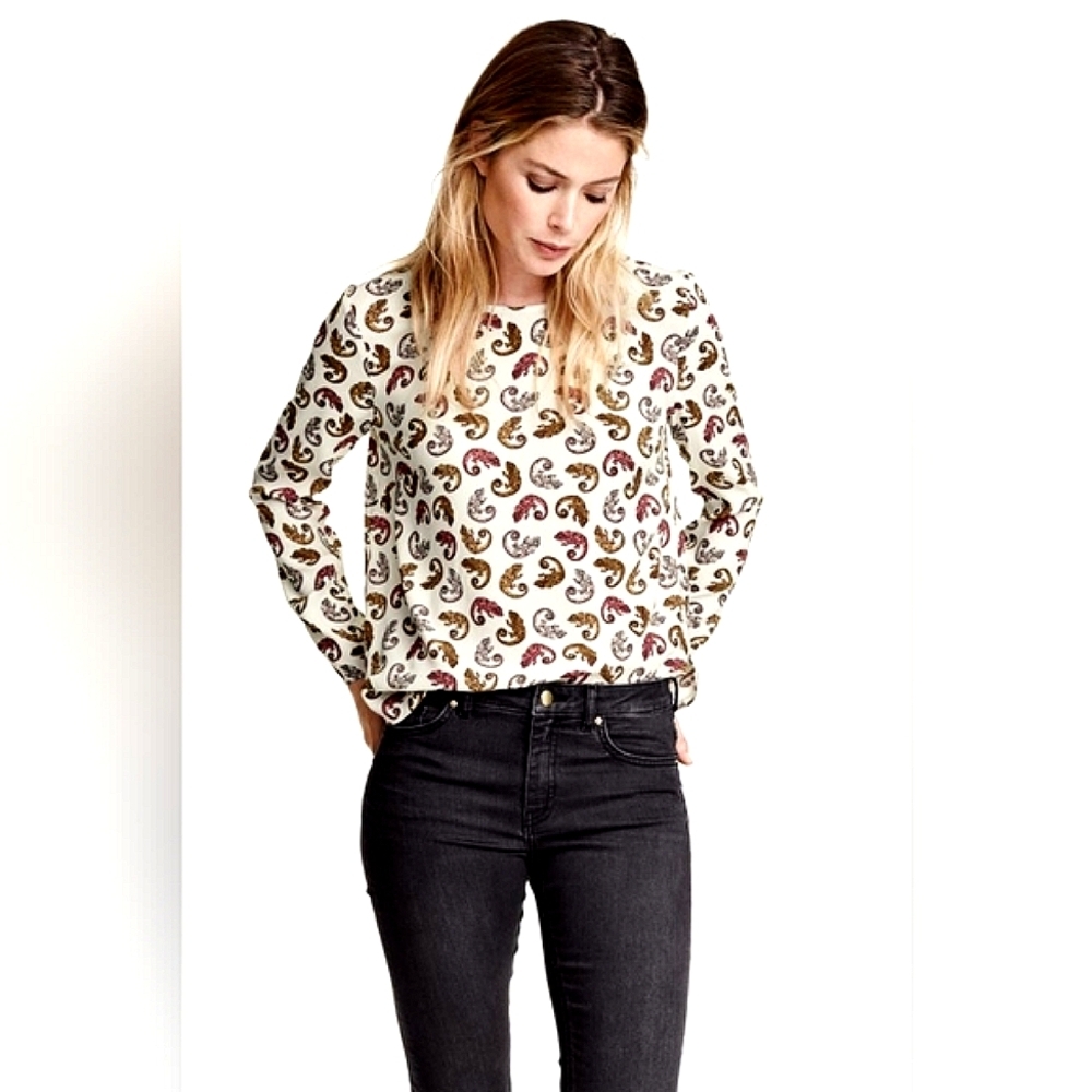 H&M White Chameleon Lizard Pattern Pullover Keyhole Back Blouse Top Size 6